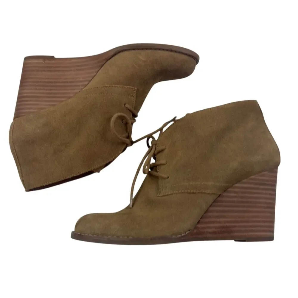 Lucky Brand Yamene Camel Suede Leather Wedge Lace Up Booties Women's Size 8.5